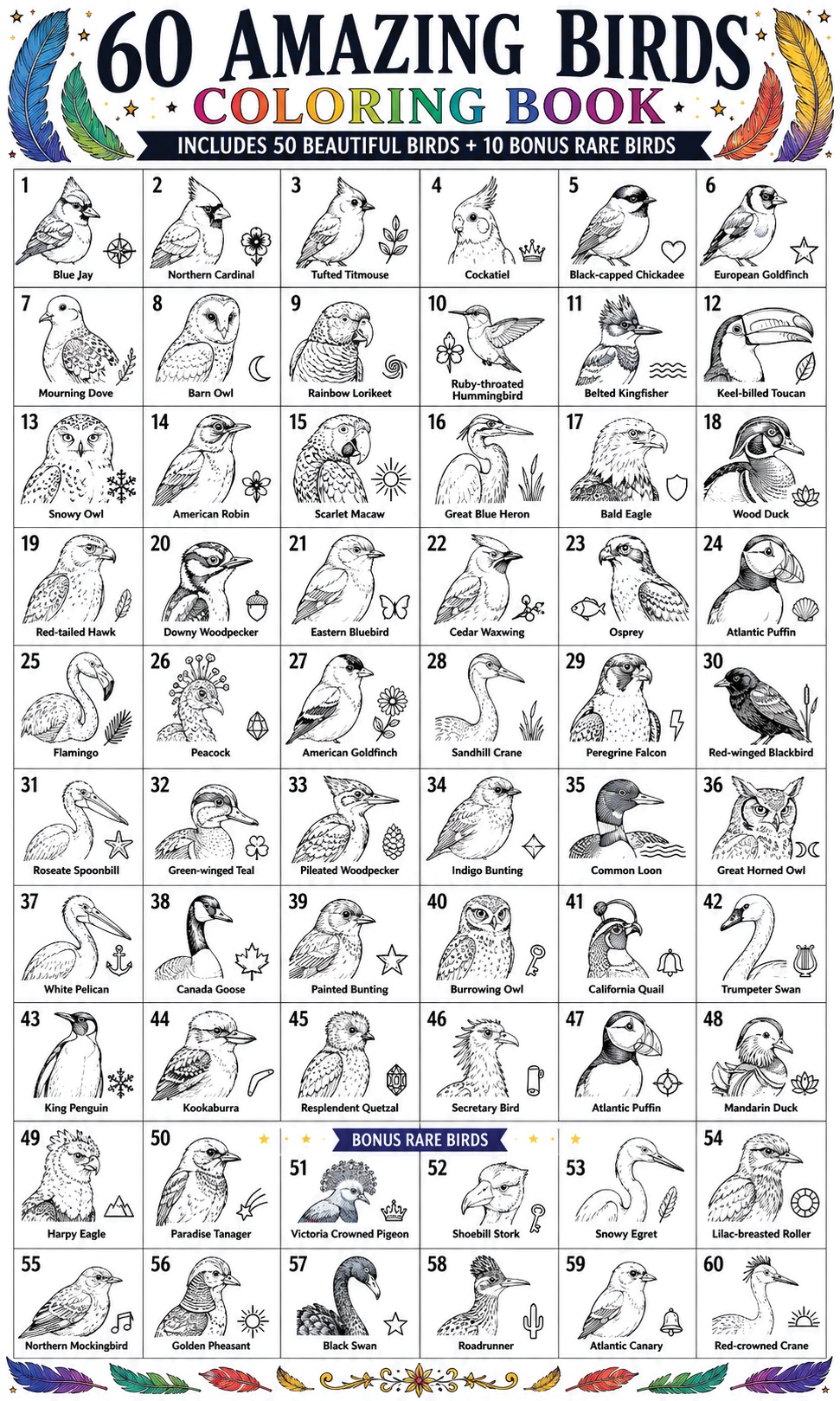 60 Amazing Birds Coloring Book